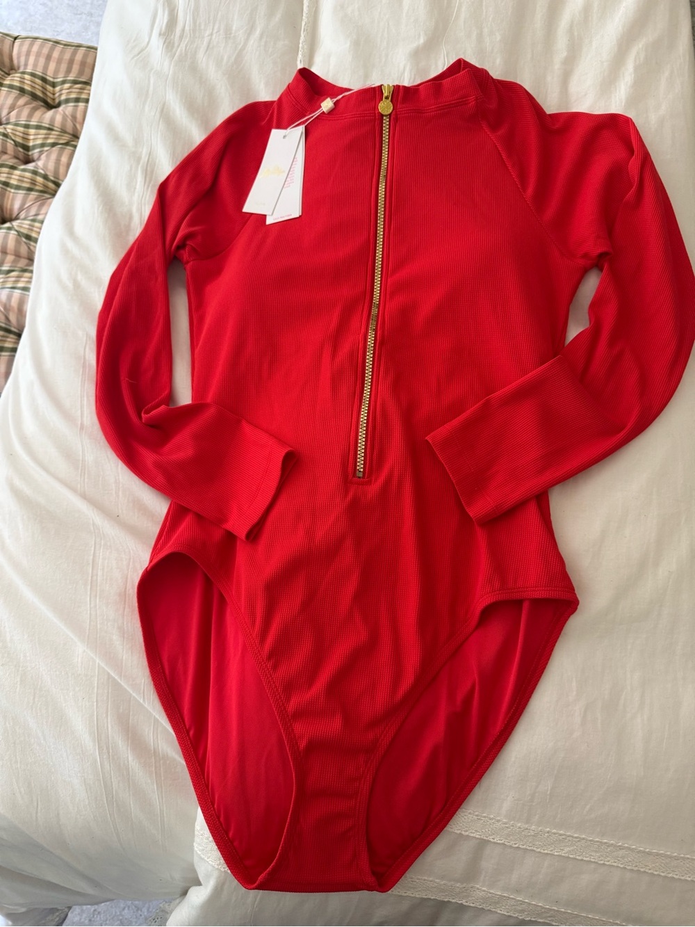 Lilly Pulitzer Red Long-Sleeve One-Piece Swimsuit with Gold Zip